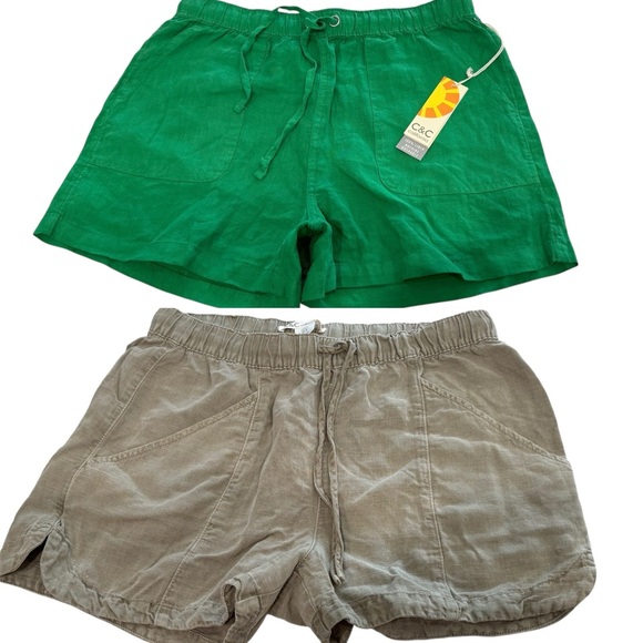 C&C California Linen Shorts Bundle Green Khaki High Waist Pull-on Drawstring- M - Picture 1 of 16